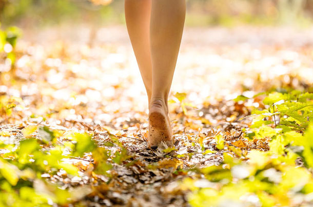 Eine Frau geht barfuss durch einen Wald. Sie konzentriert sich auf jeden Schritt und nimmt wahr, wie sich der Körper anfühlt.